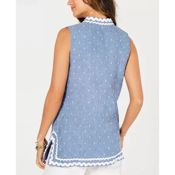 Charter Club Women’s Ric-Rac-Trim Linen Tunic Top Blue White Sleeveless Size XL - Picture 2 of 7